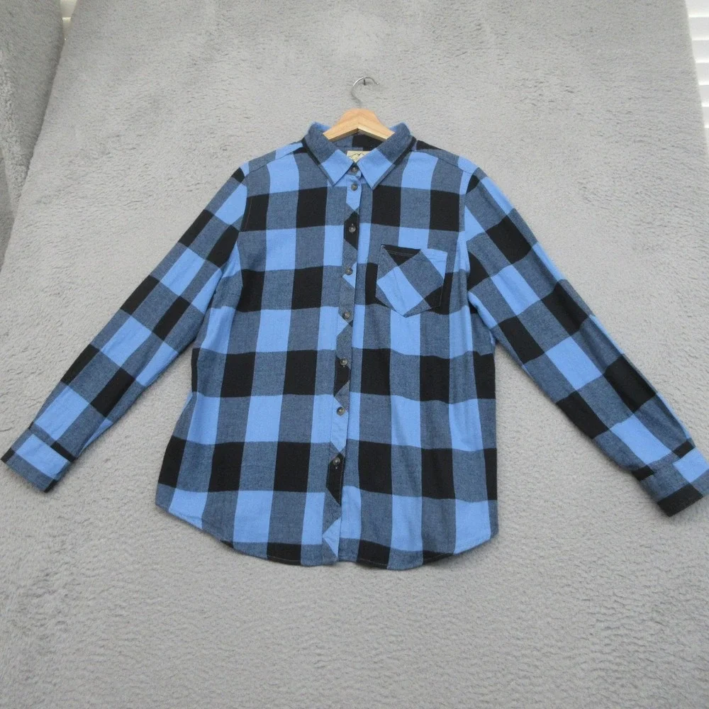 Blue Mountain Buffalo Plaid Flannel Shirt Women L Blue Black Lumberjack Outdoor